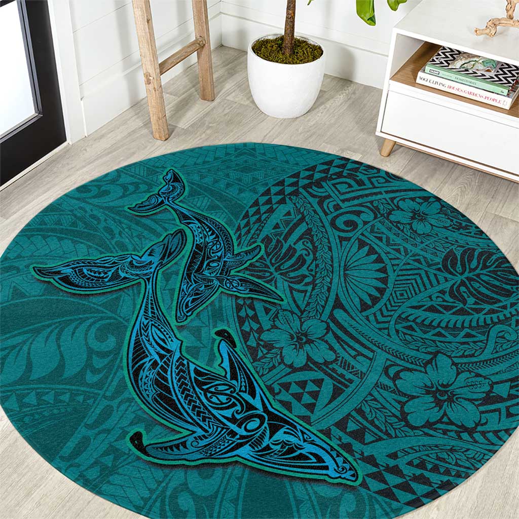 Hawaiian Whales Polynesian Art Motifs Round Carpet Turquoise Color - Polynesian Pride