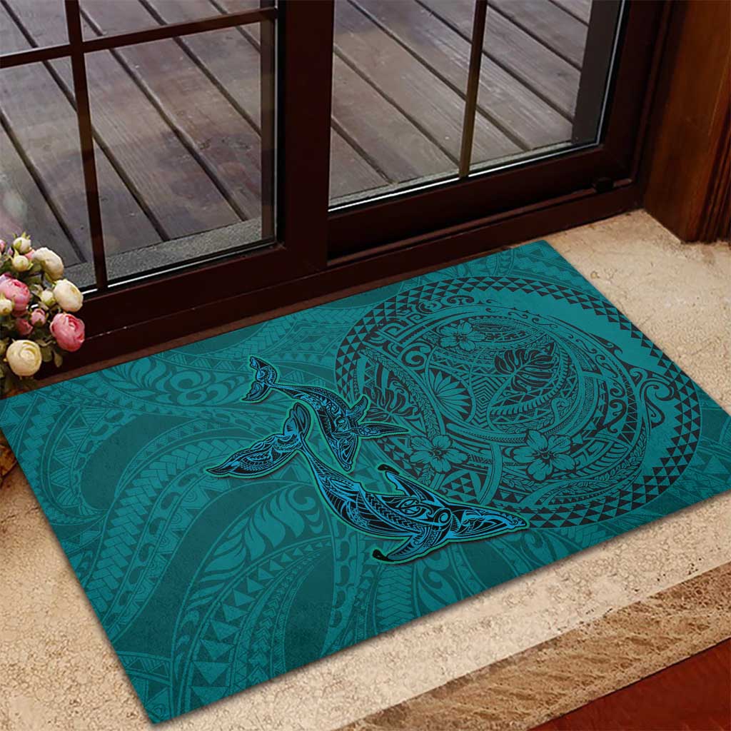 Hawaiian Whales Polynesian Art Motifs Rubber Doormat Turquoise Color - Polynesian Pride