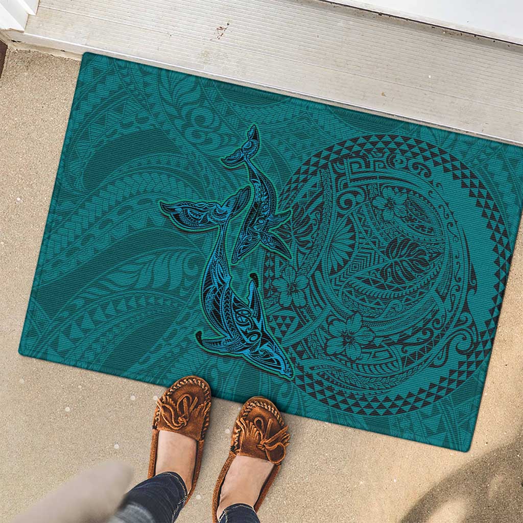 Hawaiian Whales Polynesian Art Motifs Rubber Doormat Turquoise Color - Polynesian Pride