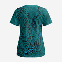 Hawaiian Whales Polynesian Art Motifs Scrub Top Turquoise Color - Polynesian Pride
