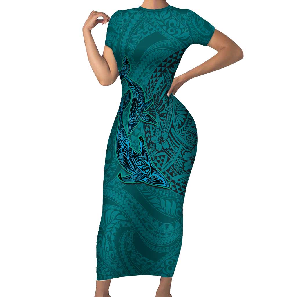 Hawaiian Whales Polynesian Art Motifs Short Sleeve Bodycon Dress Turquoise Color - Polynesian Pride