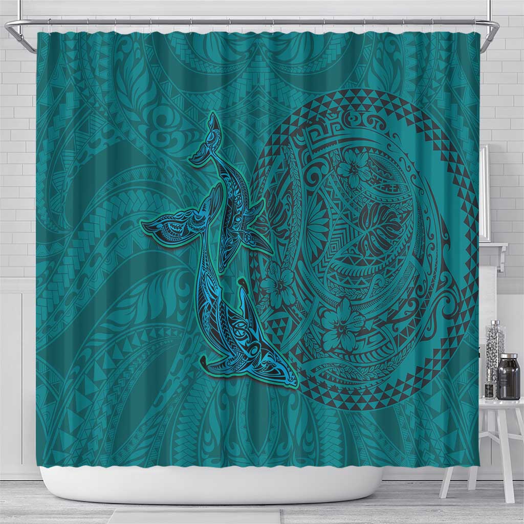 Hawaiian Whales Polynesian Art Motifs Shower Curtain Turquoise Color - Polynesian Pride