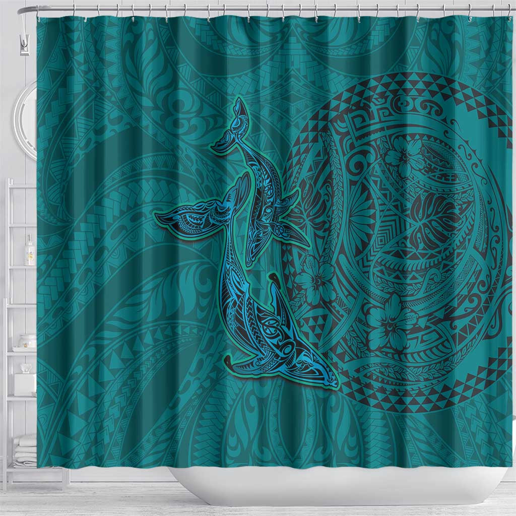 Hawaiian Whales Polynesian Art Motifs Shower Curtain Turquoise Color - Polynesian Pride