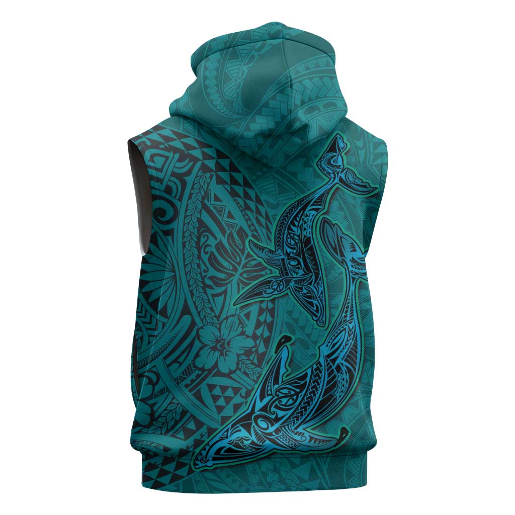 Hawaiian Whales Polynesian Art Motifs Sleeveless Hoodie Turquoise Color - Polynesian Pride