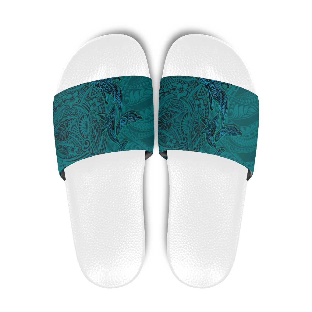 Hawaiian Whales Polynesian Art Motifs Slide Sandals Turquoise Color - Polynesian Pride