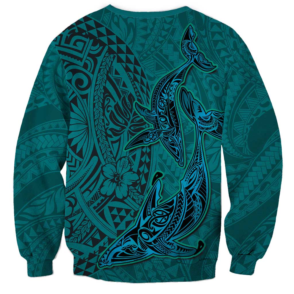 Hawaiian Whales Polynesian Art Motifs Sweatshirt Turquoise Color - Polynesian Pride