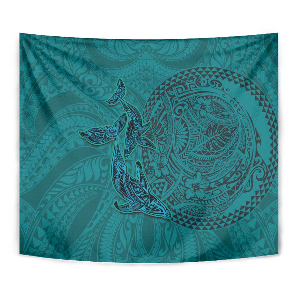 Hawaiian Whales Polynesian Art Motifs Tapestry Turquoise Color - Polynesian Pride