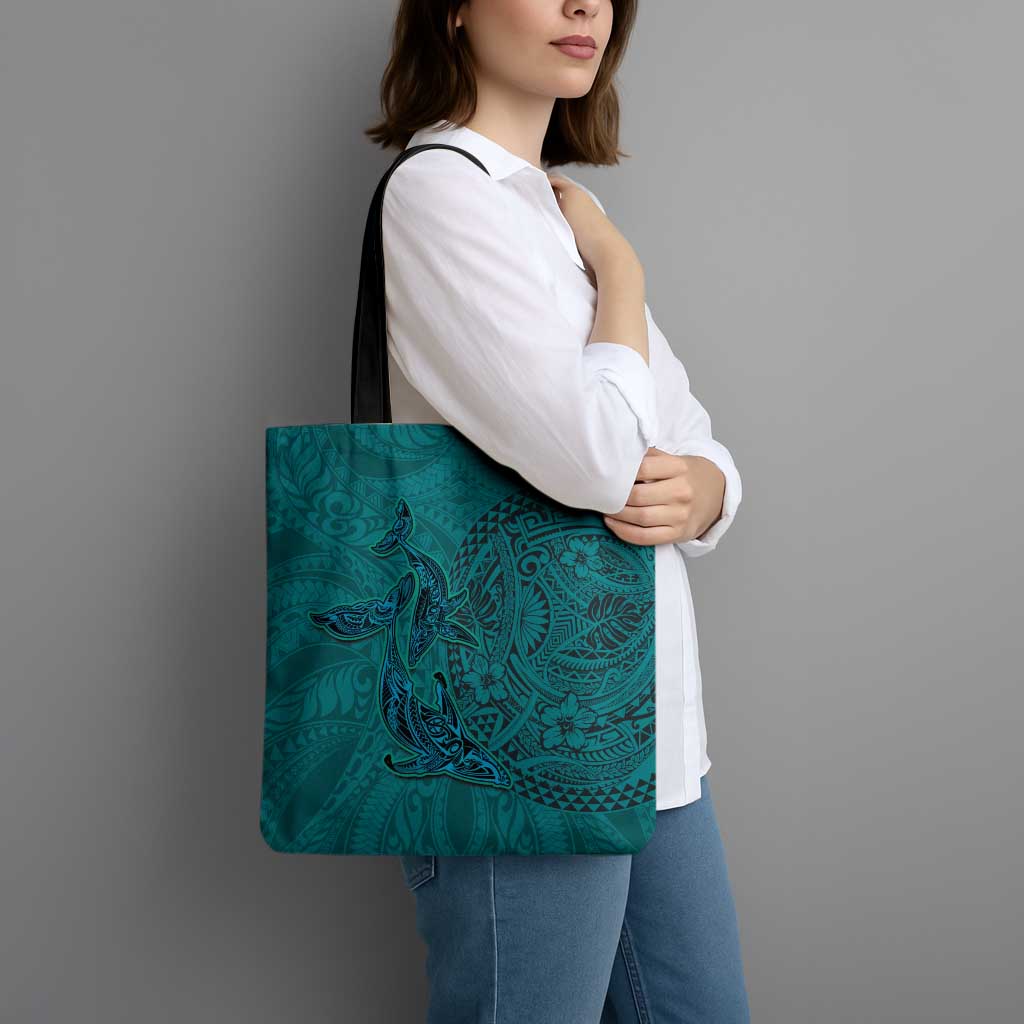 Hawaiian Whales Polynesian Art Motifs Tote Bag Turquoise Color - Polynesian Pride