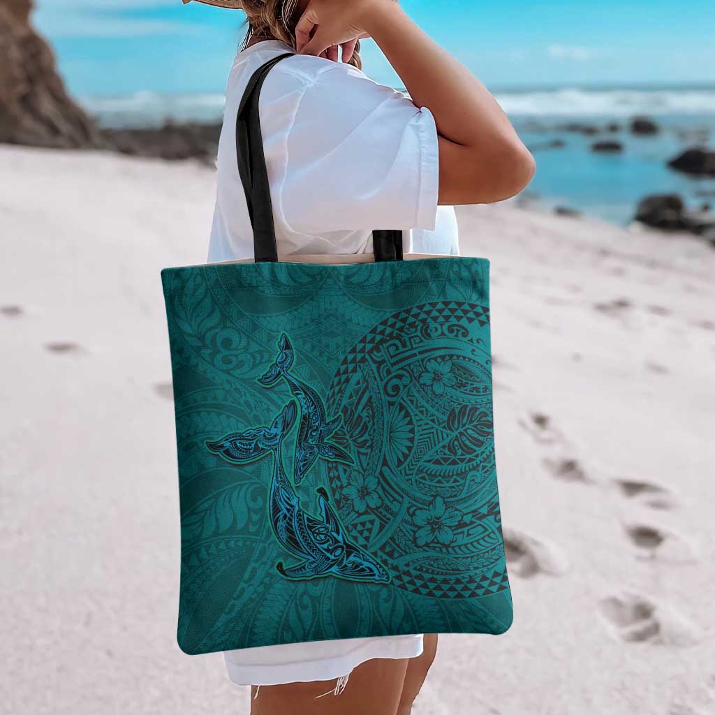 Hawaiian Whales Polynesian Art Motifs Tote Bag Turquoise Color - Polynesian Pride