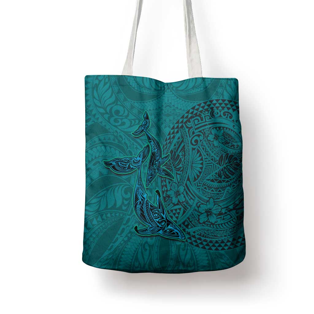 Hawaiian Whales Polynesian Art Motifs Tote Bag Turquoise Color - Polynesian Pride