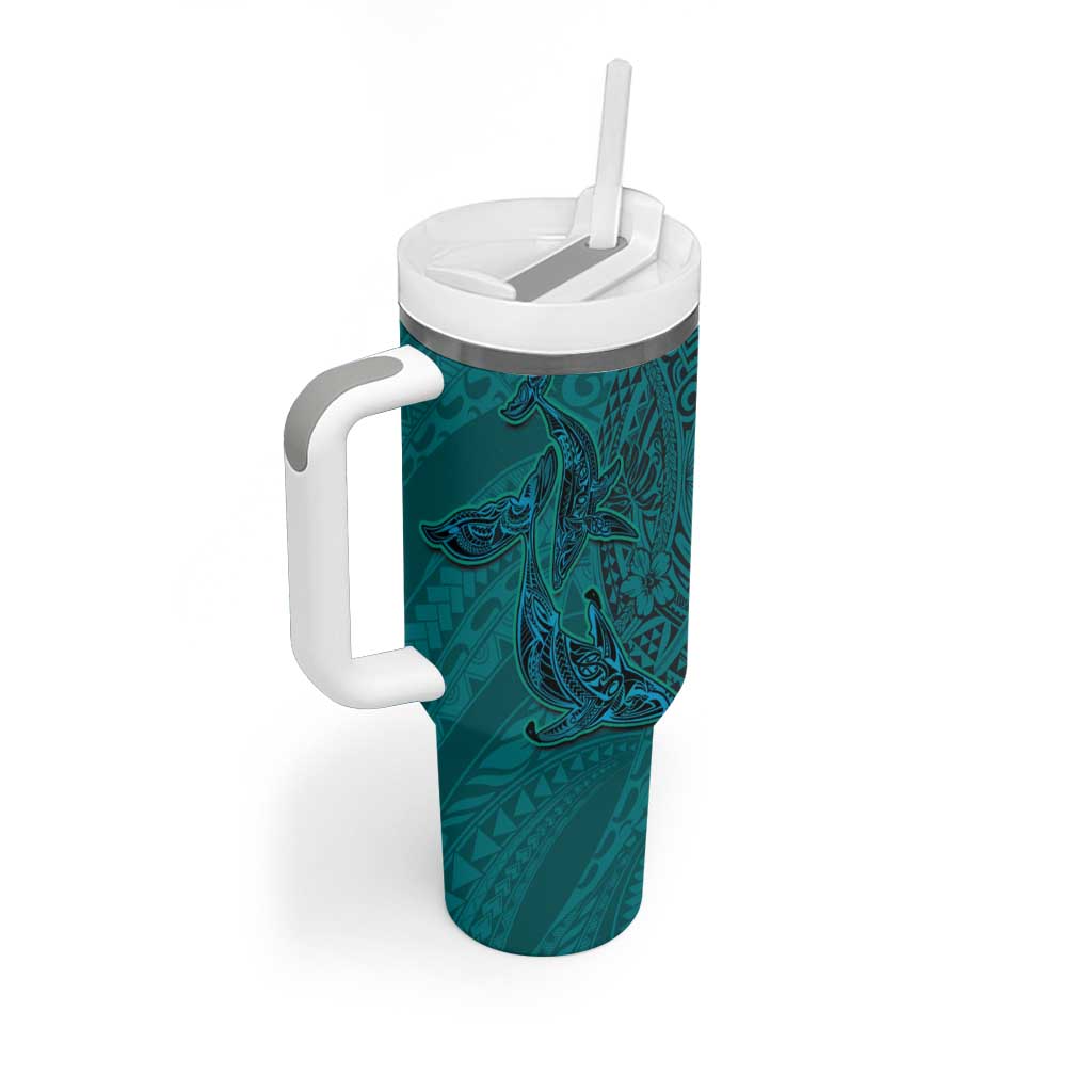 Hawaiian Whales Polynesian Art Motifs Tumbler With Handle Turquoise Color - Polynesian Pride