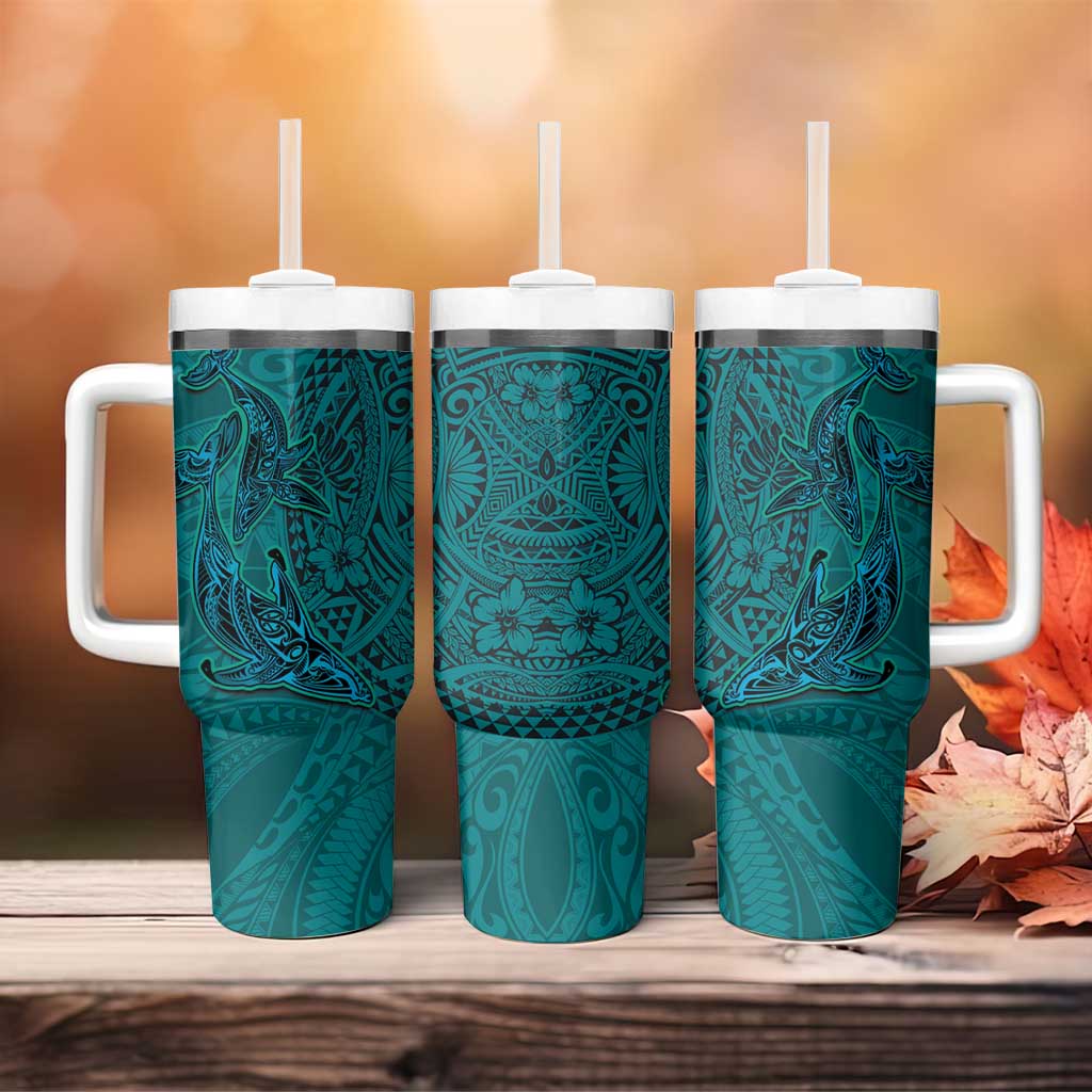 Hawaiian Whales Polynesian Art Motifs Tumbler With Handle Turquoise Color - Polynesian Pride