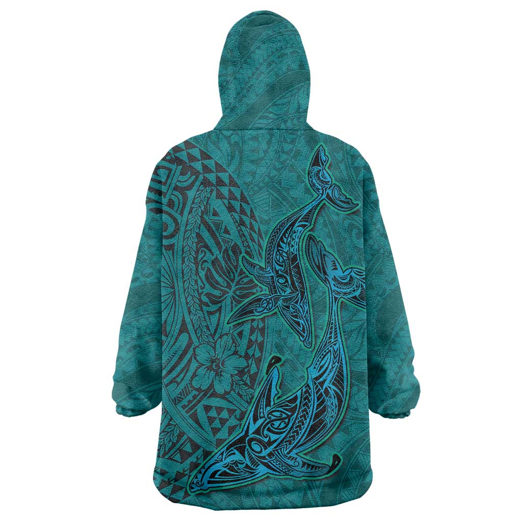 Hawaiian Whales Polynesian Art Motifs Wearable Blanket Hoodie Turquoise Color - Polynesian Pride