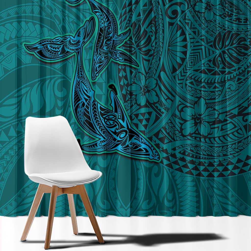 Hawaiian Whales Polynesian Art Motifs Window Curtain Turquoise Color - Polynesian Pride
