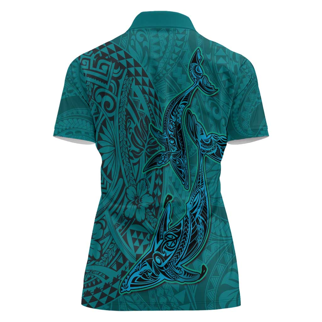 Hawaiian Whales Polynesian Art Motifs Women Polo Shirt Turquoise Color - Polynesian Pride