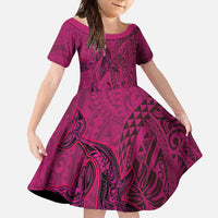 Hawaiian Whales Polynesian Art Motifs Family Matching Long Sleeve Bodycon Dress and Hawaiian Shirt Pink Color LT03 Daughter's Dress Pink - Polynesian Pride