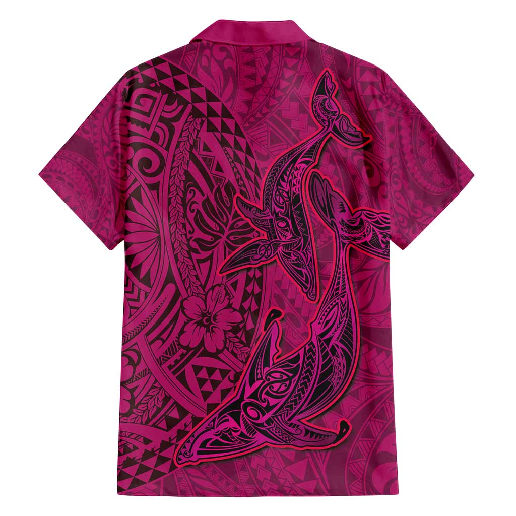 Hawaiian Whales Polynesian Art Motifs Family Matching Long Sleeve Bodycon Dress and Hawaiian Shirt Pink Color LT03 - Polynesian Pride