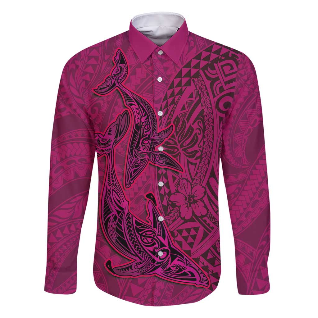 Hawaiian Whales Polynesian Art Motifs Family Matching Long Sleeve Bodycon Dress and Hawaiian Shirt Pink Color LT03 Dad's Shirt - Long Sleeve Pink - Polynesian Pride