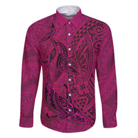 Hawaiian Whales Polynesian Art Motifs Family Matching Long Sleeve Bodycon Dress and Hawaiian Shirt Pink Color LT03 Dad's Shirt - Long Sleeve Pink - Polynesian Pride