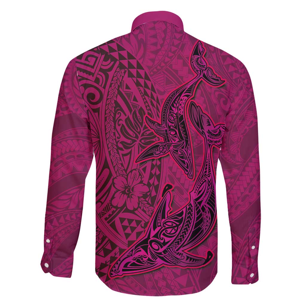 Hawaiian Whales Polynesian Art Motifs Family Matching Long Sleeve Bodycon Dress and Hawaiian Shirt Pink Color LT03 - Polynesian Pride