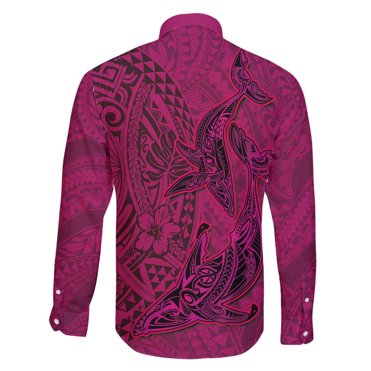 Hawaiian Whales Polynesian Art Motifs Family Matching Off The Shoulder Long Sleeve Dress and Hawaiian Shirt Pink Color - Polynesian Pride