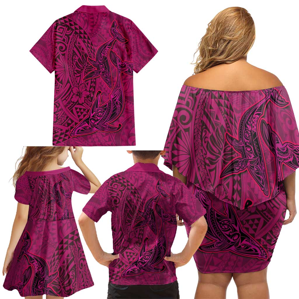 Hawaiian Whales Polynesian Art Motifs Family Matching Off Shoulder Short Dress and Hawaiian Shirt Pink Color - Polynesian Pride