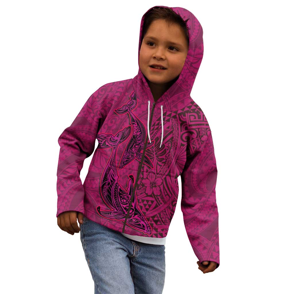 Hawaiian Whales Polynesian Art Motifs Kid Hoodie Pink Color - Polynesian Pride