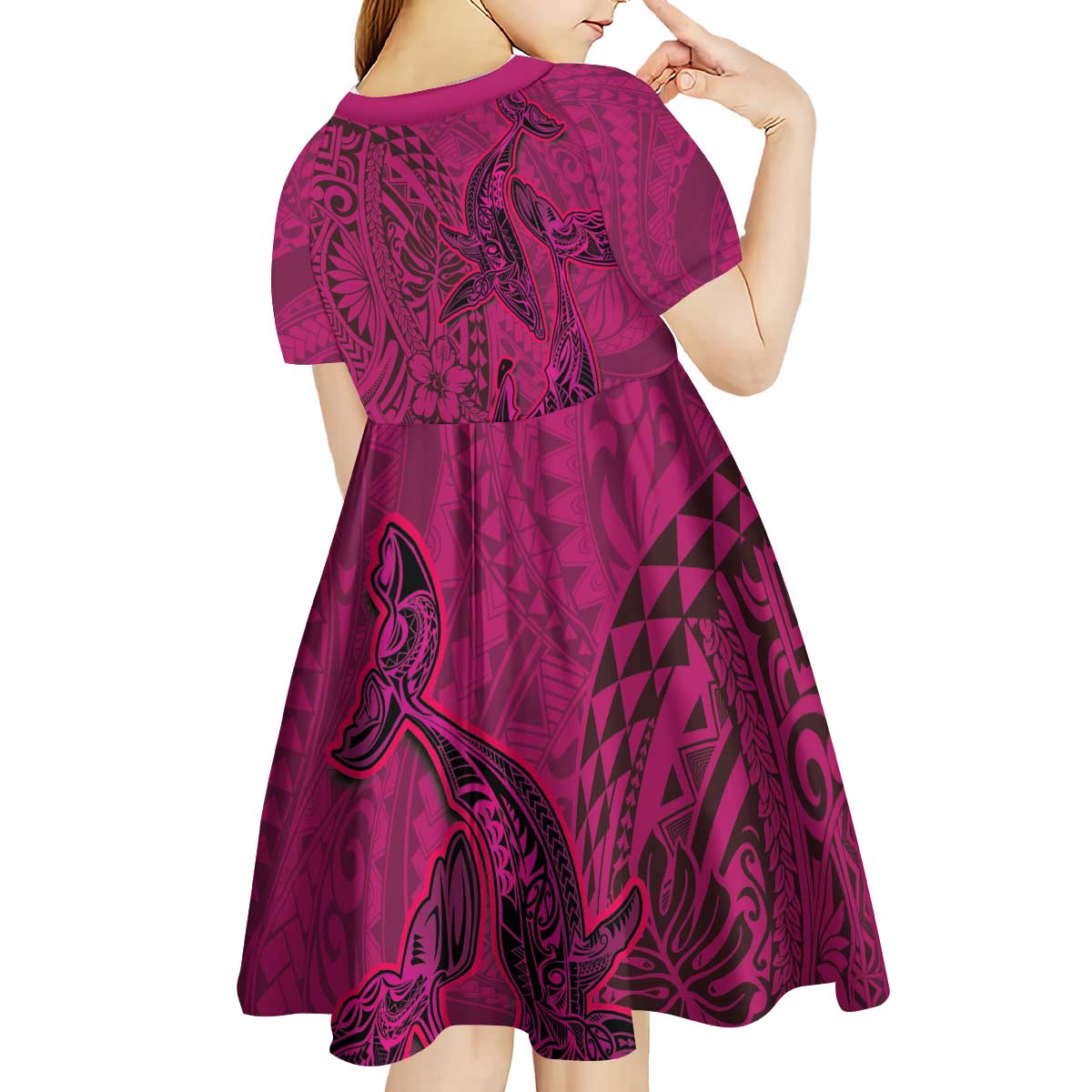 Hawaiian Whales Polynesian Art Motifs Kid Short Sleeve Dress Pink Color - Polynesian Pride