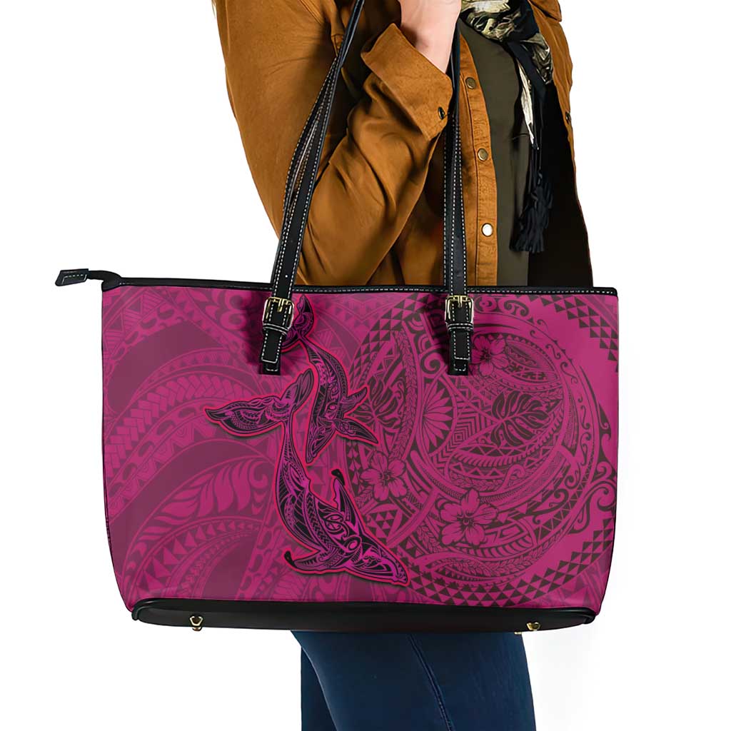 Hawaiian Whales Polynesian Art Motifs Leather Tote Bag Pink Color - Polynesian Pride