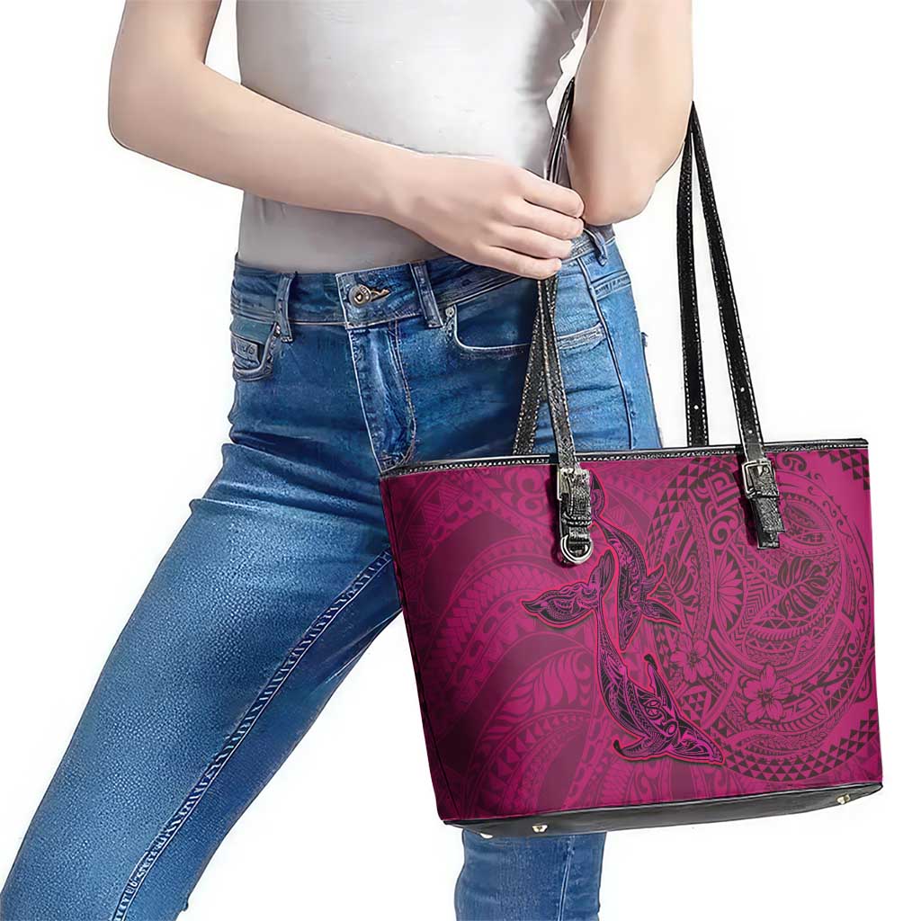 Hawaiian Whales Polynesian Art Motifs Leather Tote Bag Pink Color - Polynesian Pride