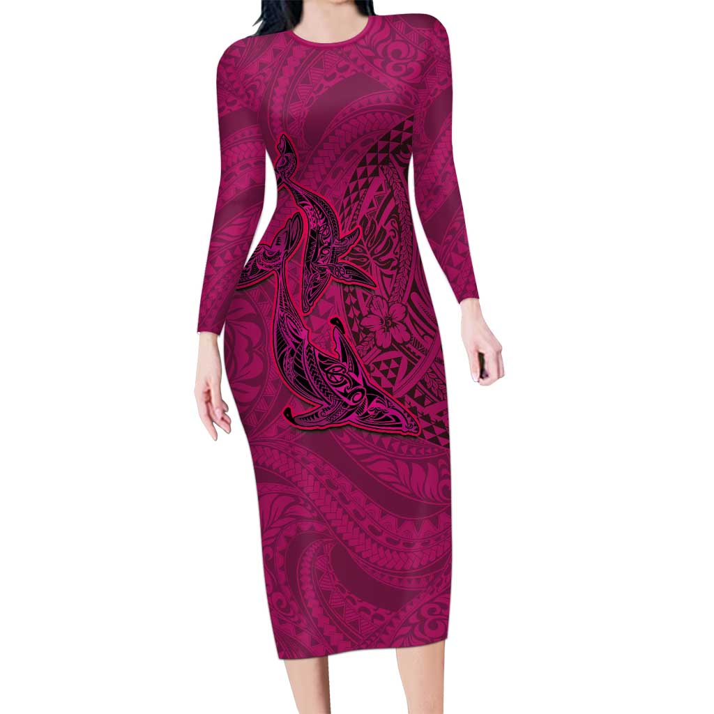 Hawaiian Whales Polynesian Art Motifs Long Sleeve Bodycon Dress Pink Color LT03 Long Dress Pink - Polynesian Pride