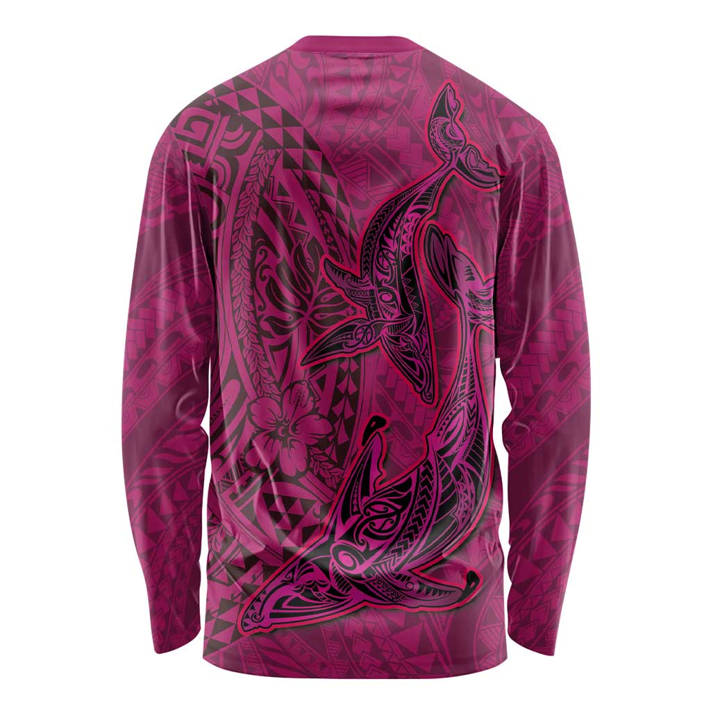 Hawaiian Whales Polynesian Art Motifs Long Sleeve Shirt Pink Color - Polynesian Pride