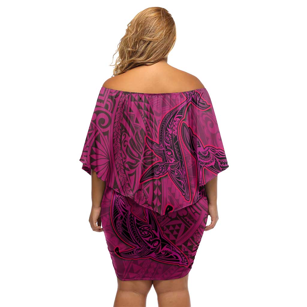 Hawaiian Whales Polynesian Art Motifs Off Shoulder Short Dress Pink Color - Polynesian Pride