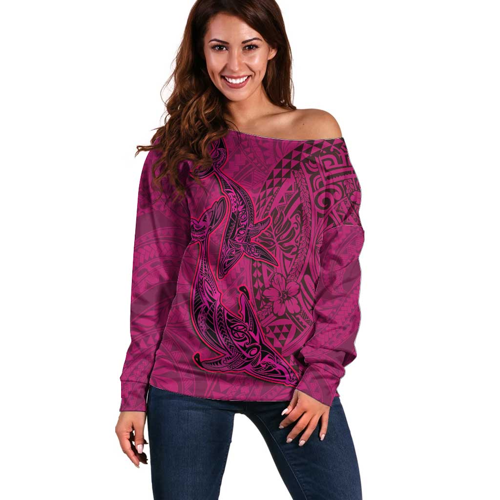 Hawaiian Whales Polynesian Art Motifs Off Shoulder Sweater Pink Color - Polynesian Pride