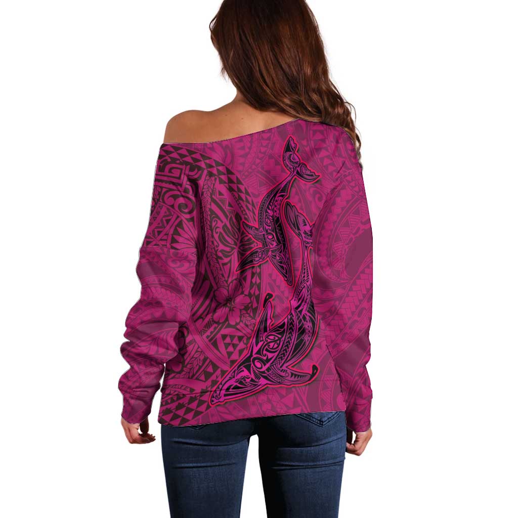 Hawaiian Whales Polynesian Art Motifs Off Shoulder Sweater Pink Color - Polynesian Pride