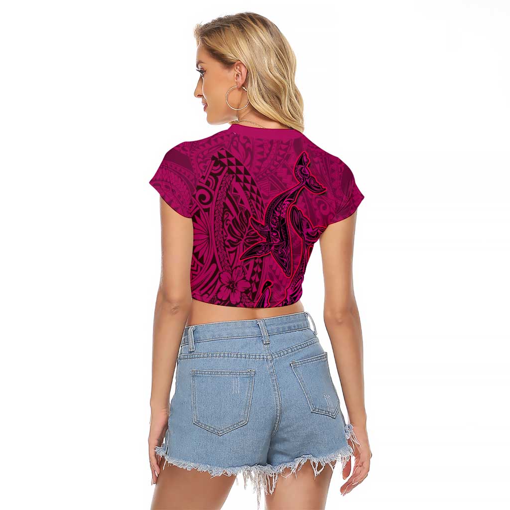 Hawaiian Whales Polynesian Art Motifs Raglan Cropped T Shirt Pink Color - Polynesian Pride