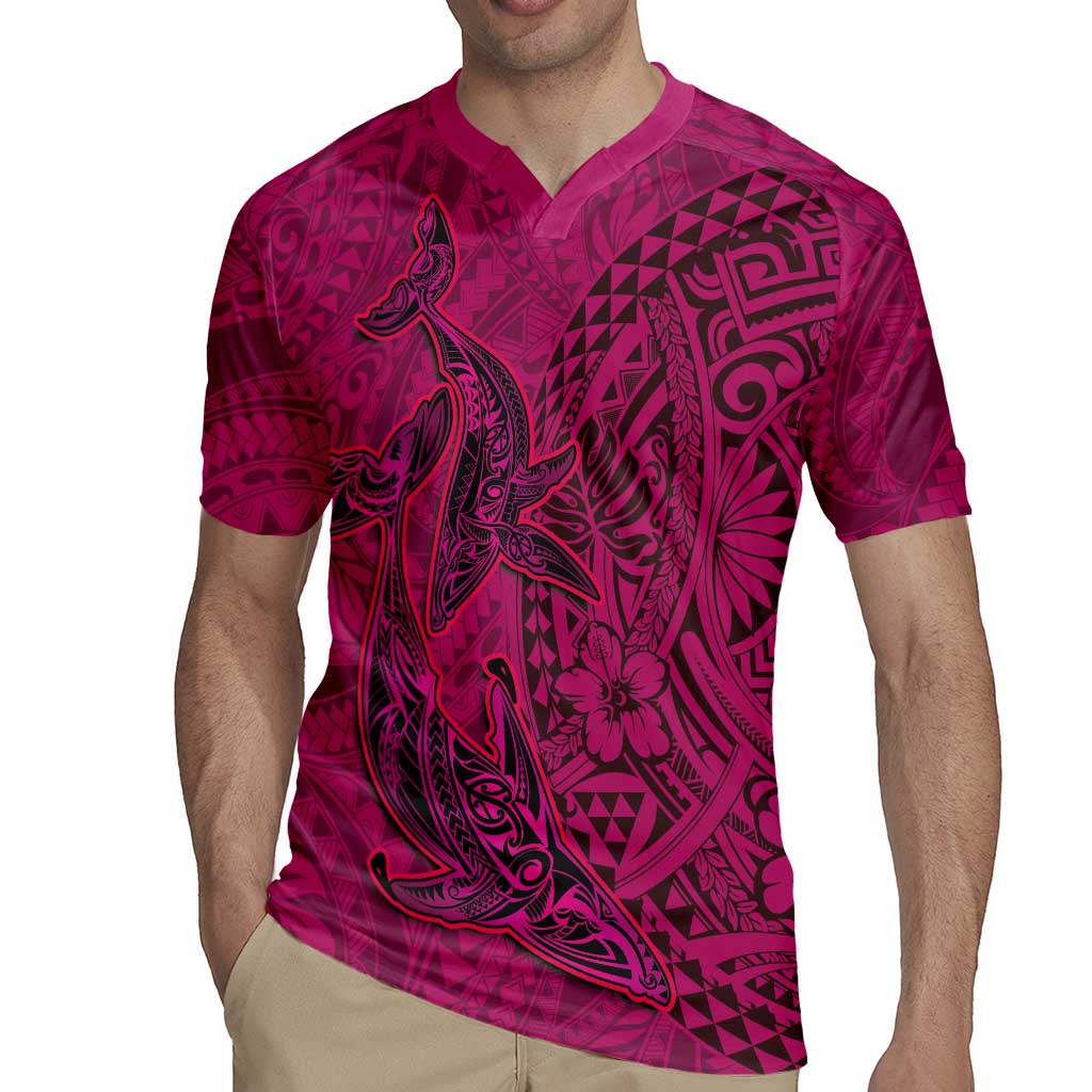 Hawaiian Whales Polynesian Art Motifs Rugby Jersey Pink Color - Polynesian Pride