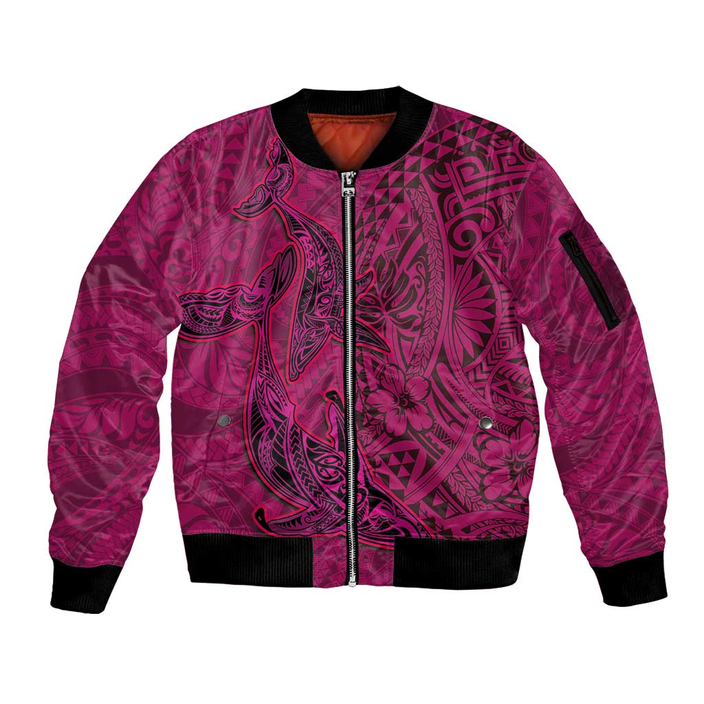 Hawaiian Whales Polynesian Art Motifs Sleeve Zip Bomber Jacket Pink Color - Polynesian Pride