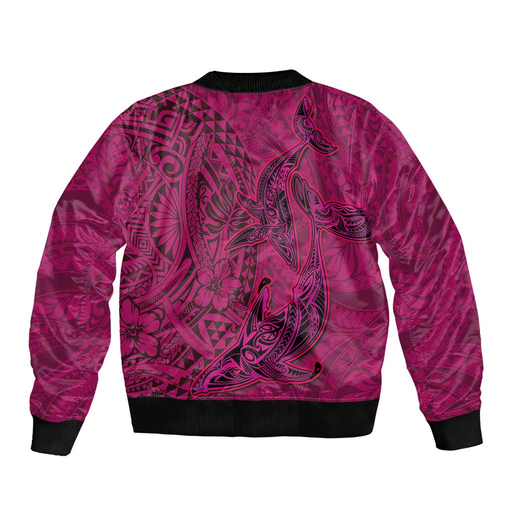 Hawaiian Whales Polynesian Art Motifs Sleeve Zip Bomber Jacket Pink Color - Polynesian Pride
