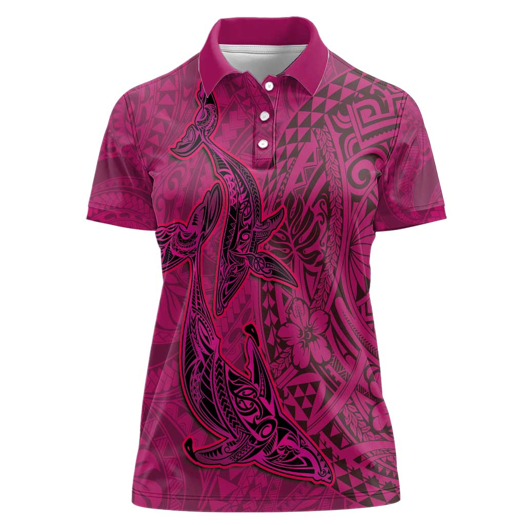Hawaiian Whales Polynesian Art Motifs Women Polo Shirt Pink Color - Polynesian Pride