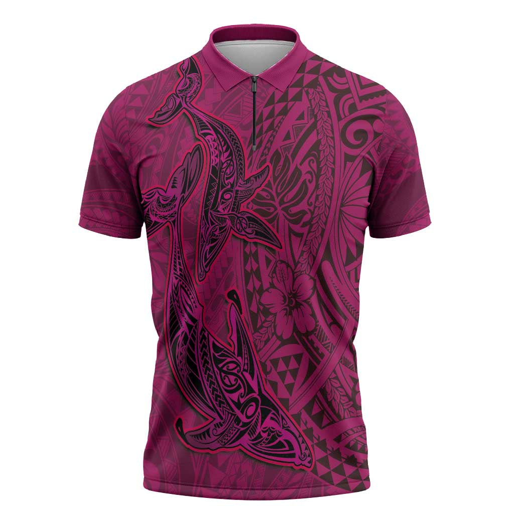 Hawaiian Whales Polynesian Art Motifs Zipper Polo Shirt Pink Color - Polynesian Pride