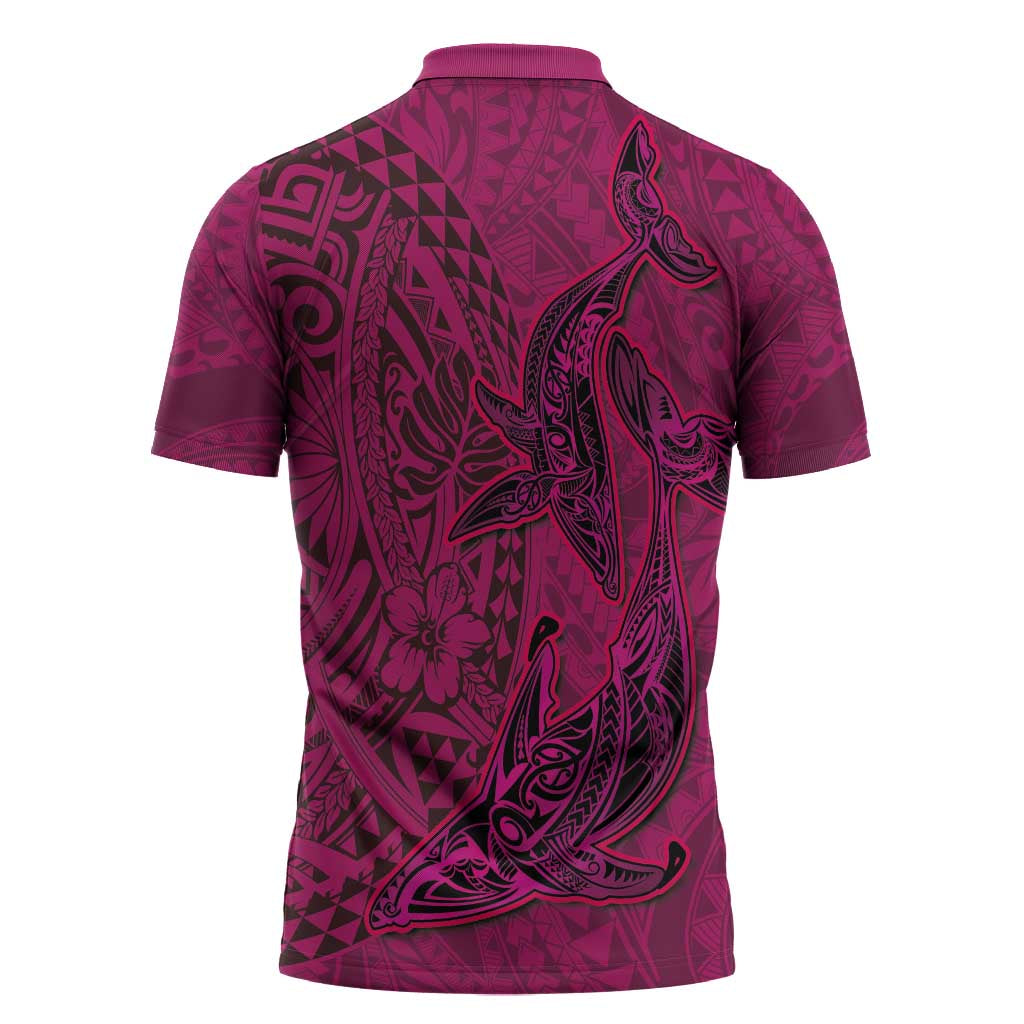Hawaiian Whales Polynesian Art Motifs Zipper Polo Shirt Pink Color - Polynesian Pride