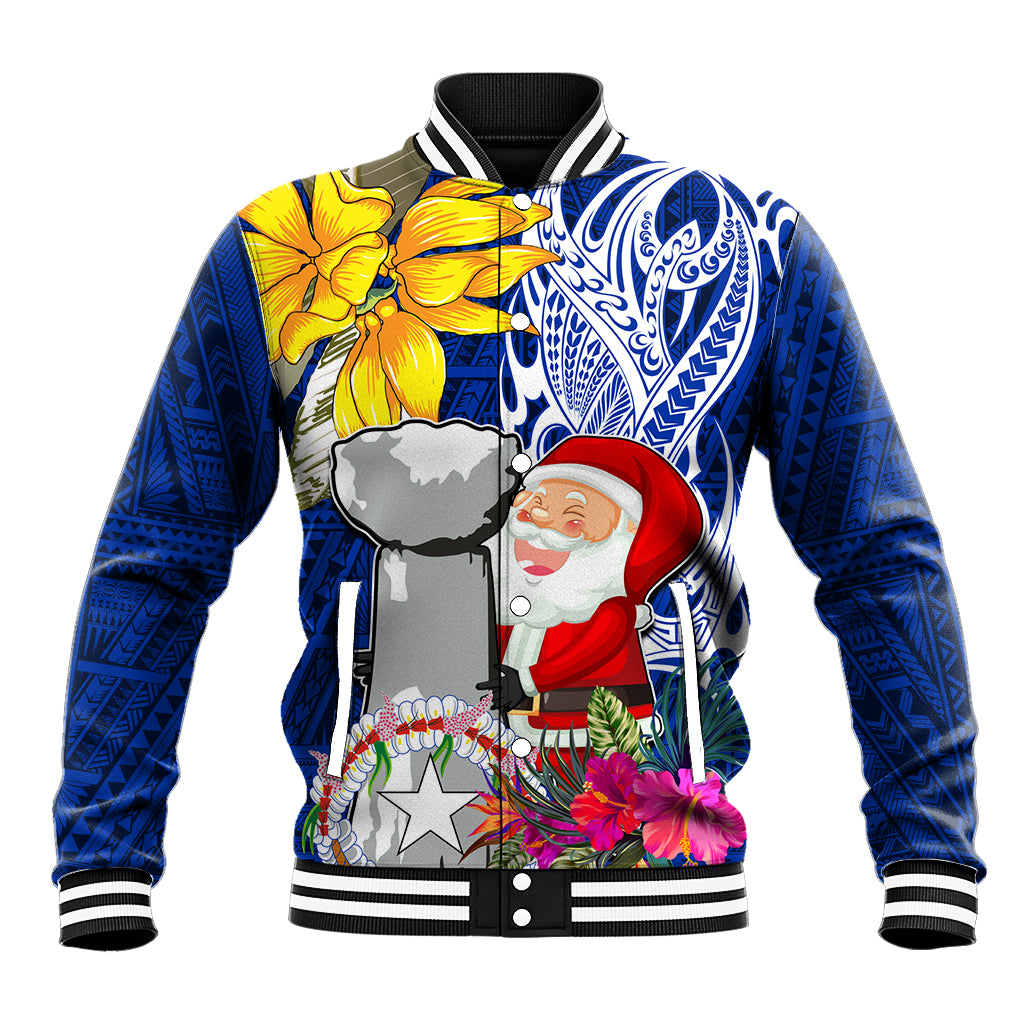 Custom Northern Mariana Islands Christmas Baseball Jacket Funny Santa Hug Latte Stone Ylang-ylang and Polynesia Pattern Blue LT03 Unisex Blue - Polynesian Pride