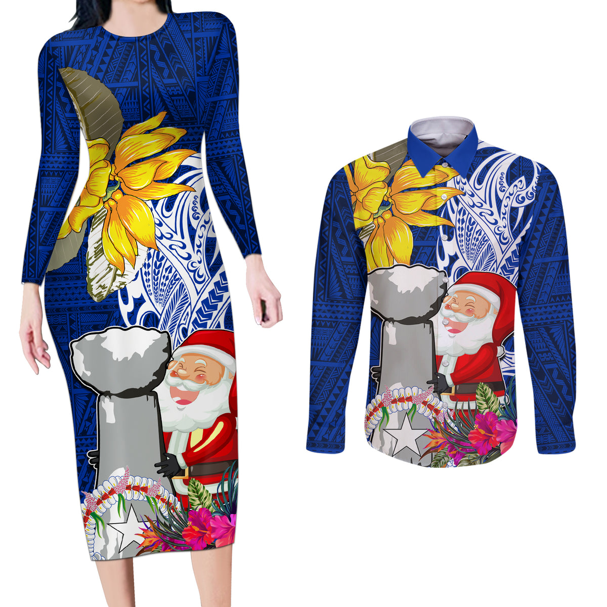 Custom Northern Mariana Islands Christmas Couples Matching Long Sleeve Bodycon Dress and Long Sleeve Button Shirt Funny Santa Hug Latte Stone Ylang-ylang and Polynesia Pattern Blue LT03 Blue - Polynesian Pride