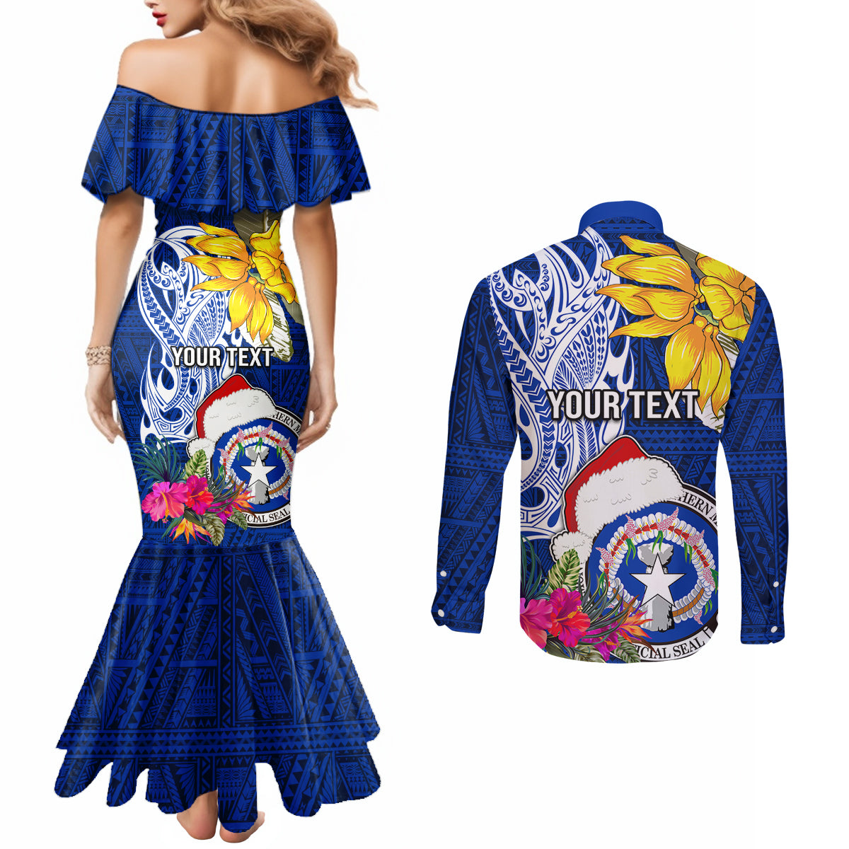 Custom Northern Mariana Islands Christmas Couples Matching Mermaid Dress and Long Sleeve Button Shirt Funny Santa Hug Latte Stone Ylang-ylang and Polynesia Pattern Blue LT03 - Polynesian Pride