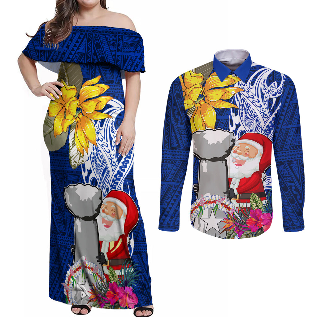 Custom Northern Mariana Islands Christmas Couples Matching Off Shoulder Maxi Dress and Long Sleeve Button Shirt Funny Santa Hug Latte Stone Ylang-ylang and Polynesia Pattern Blue LT03 Blue - Polynesian Pride