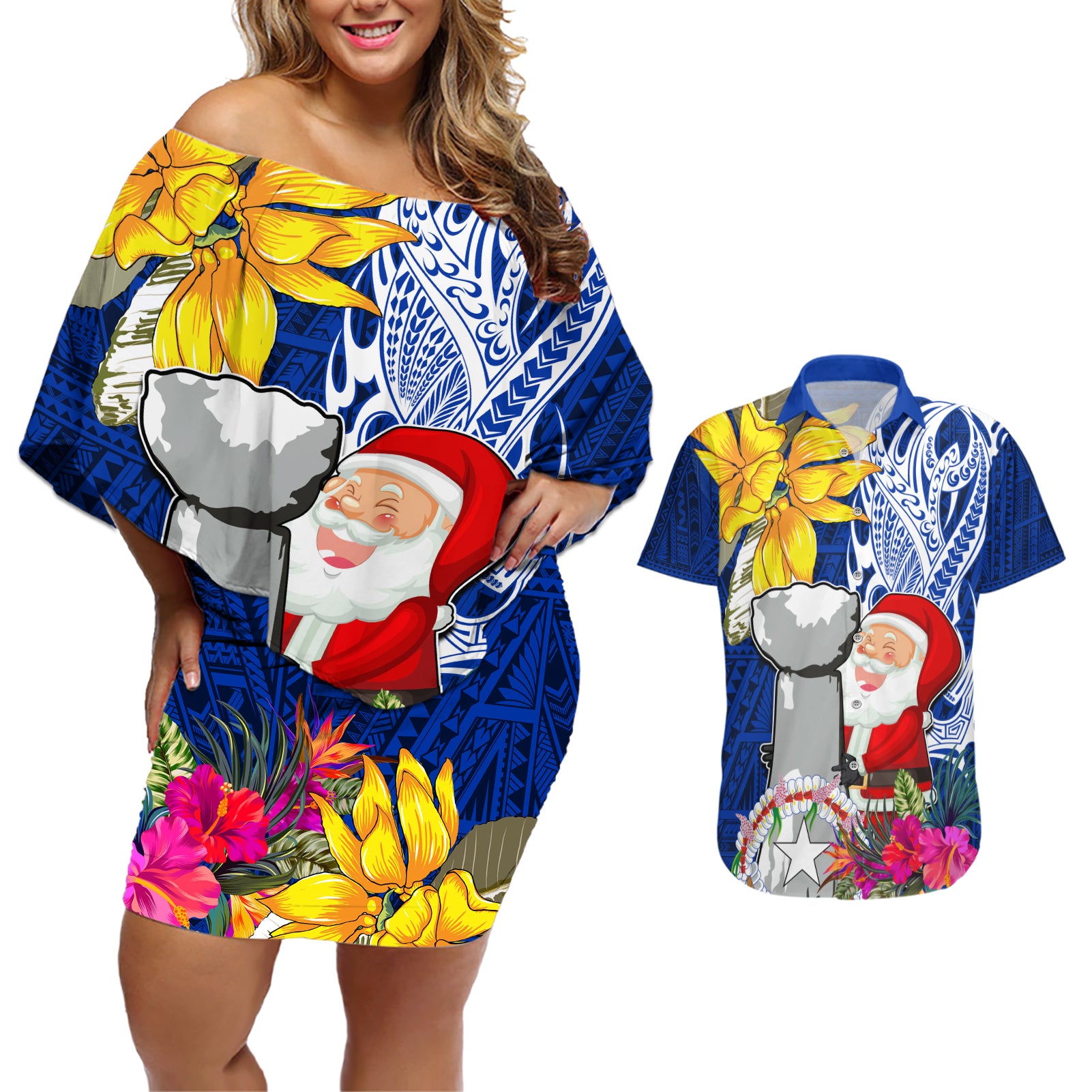 Custom Northern Mariana Islands Christmas Couples Matching Off Shoulder Short Dress and Hawaiian Shirt Funny Santa Hug Latte Stone Ylang-ylang and Polynesia Pattern Blue LT03 Blue - Polynesian Pride