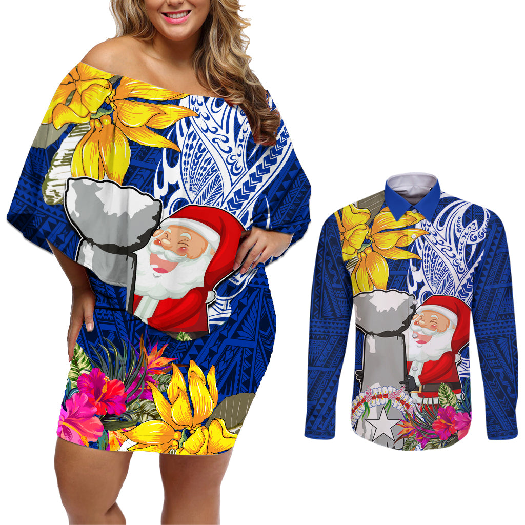 Custom Northern Mariana Islands Christmas Couples Matching Off Shoulder Short Dress and Long Sleeve Button Shirt Funny Santa Hug Latte Stone Ylang-ylang and Polynesia Pattern Blue LT03 Blue - Polynesian Pride