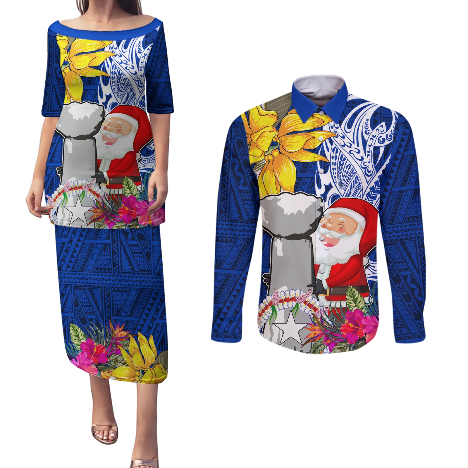 Custom Northern Mariana Islands Christmas Couples Matching Puletasi Dress and Long Sleeve Button Shirt Funny Santa Hug Latte Stone Ylang-ylang and Polynesia Pattern Blue LT03 Blue - Polynesian Pride