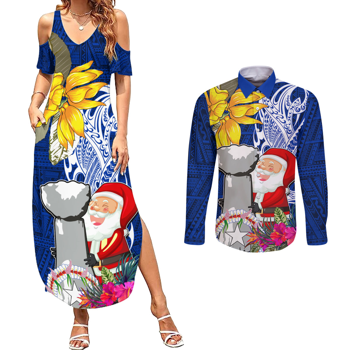 Custom Northern Mariana Islands Christmas Couples Matching Summer Maxi Dress and Long Sleeve Button Shirt Funny Santa Hug Latte Stone Ylang-ylang and Polynesia Pattern Blue LT03 Blue - Polynesian Pride